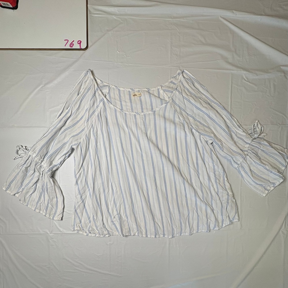 Hollister Blue‎ White Striped Cold Shoulder Bell Sleeve Blouse Top Womens Large